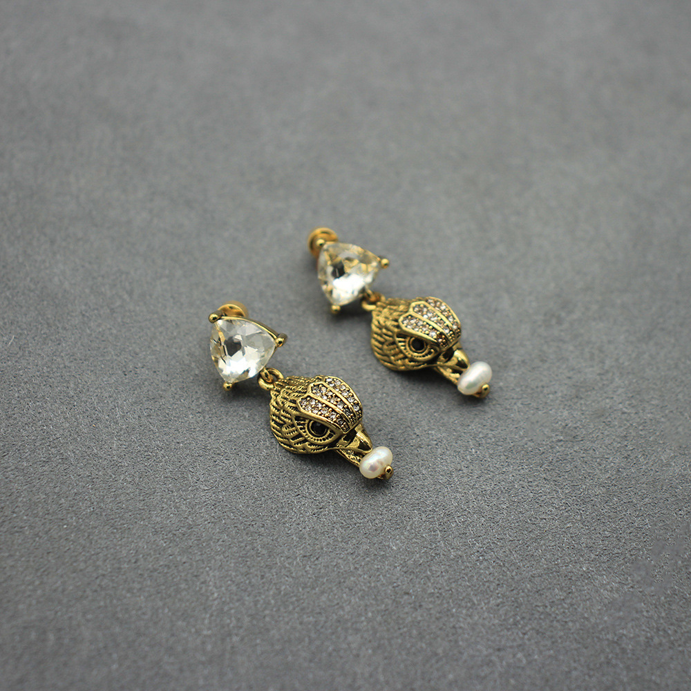 Women'S Eagles Accessories - Vintage Adlerkopf-Ohrstecker, Süßwasser-Barockperle, baumelt Kristall-Anhänger, Schmuck,